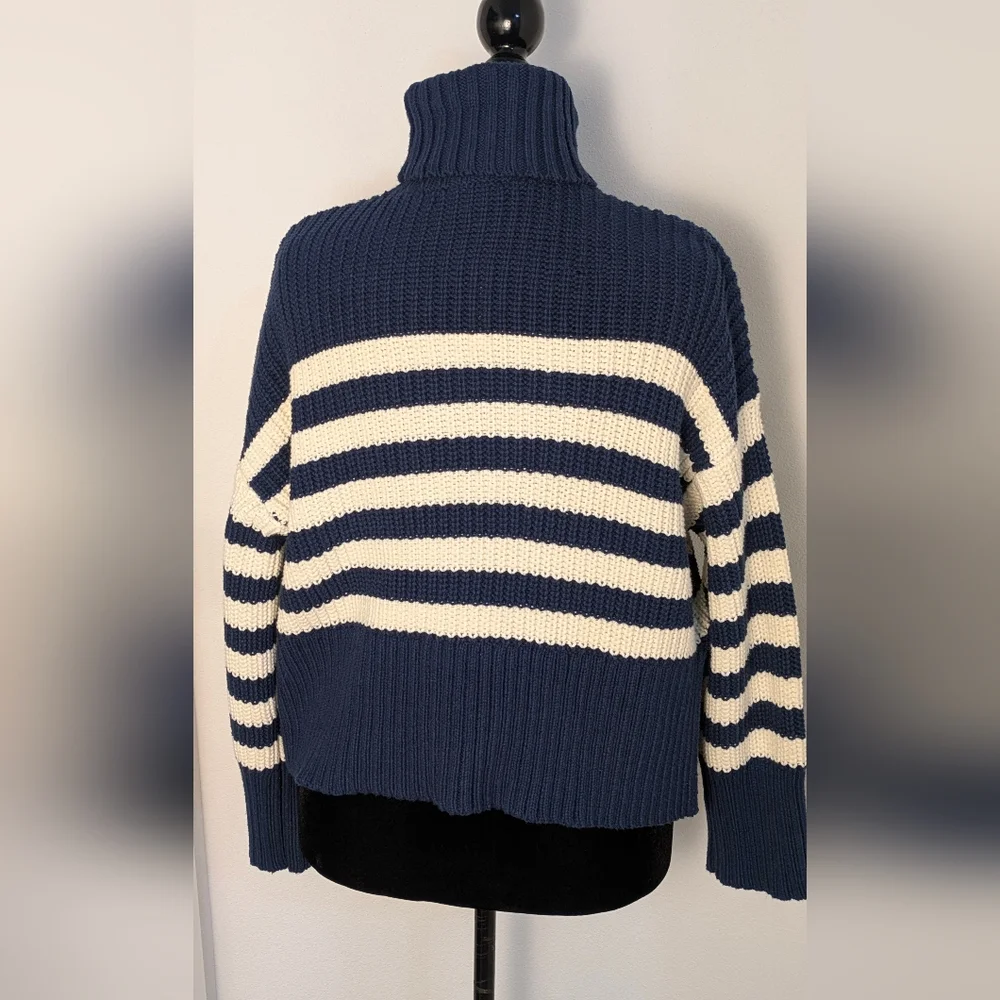 Madewell Wide Rib Turtleneck Crop Sweater New Sz S Oversized Striped Blue Cream - Picture 7 of 13